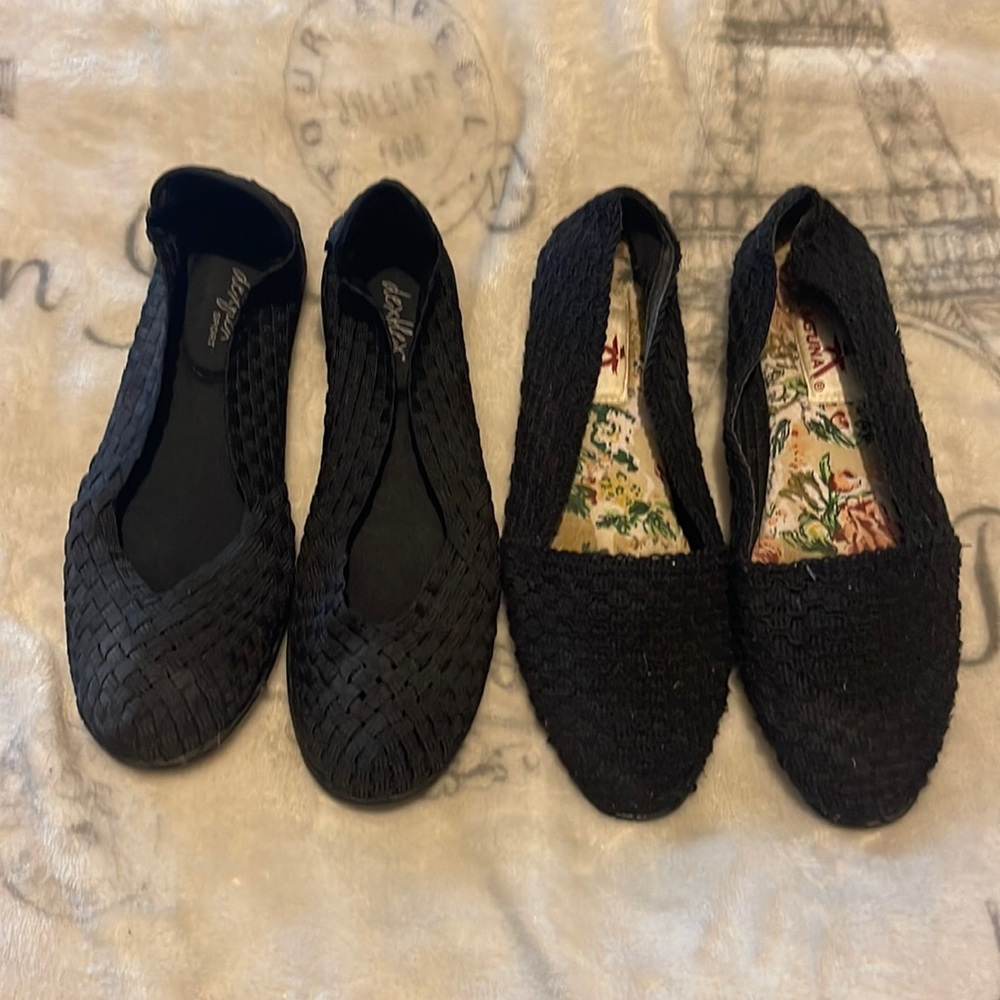 2 pair bundle womens black flats shoes size 7 & 7.5